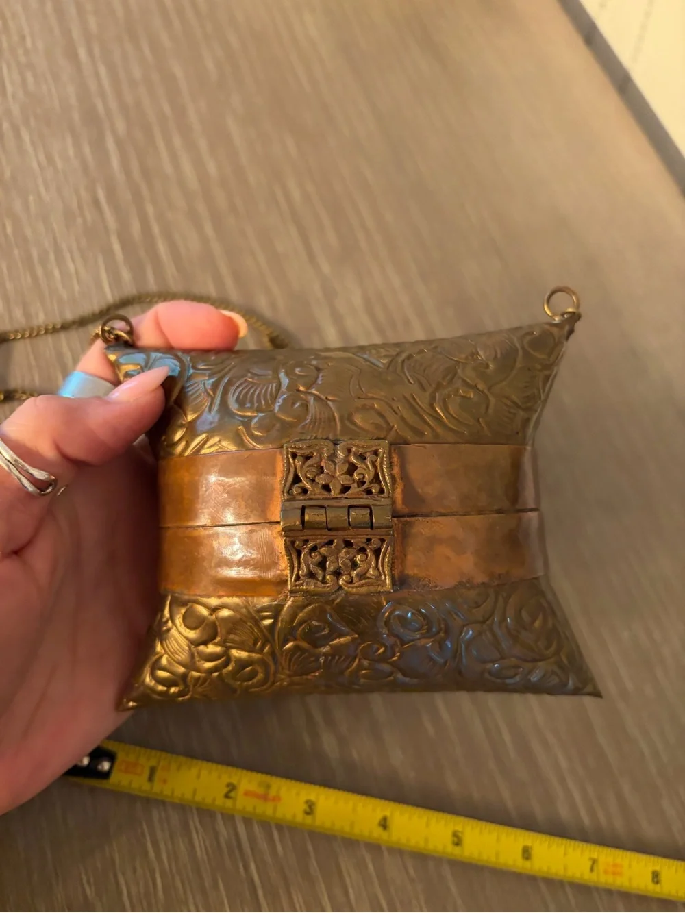 Vintage 1930s Art Deco embossed brass & copper pillow purse